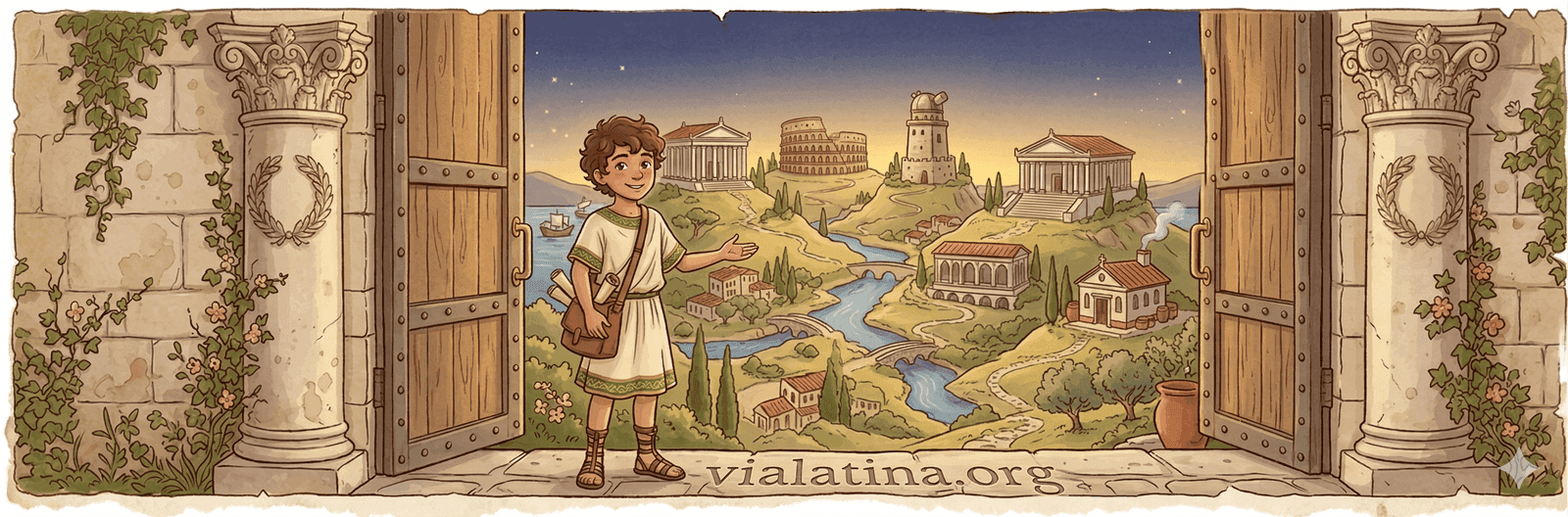 Via Latina — Marcus the Roman guide on a map of the classical education Kingdom with 7 subjects