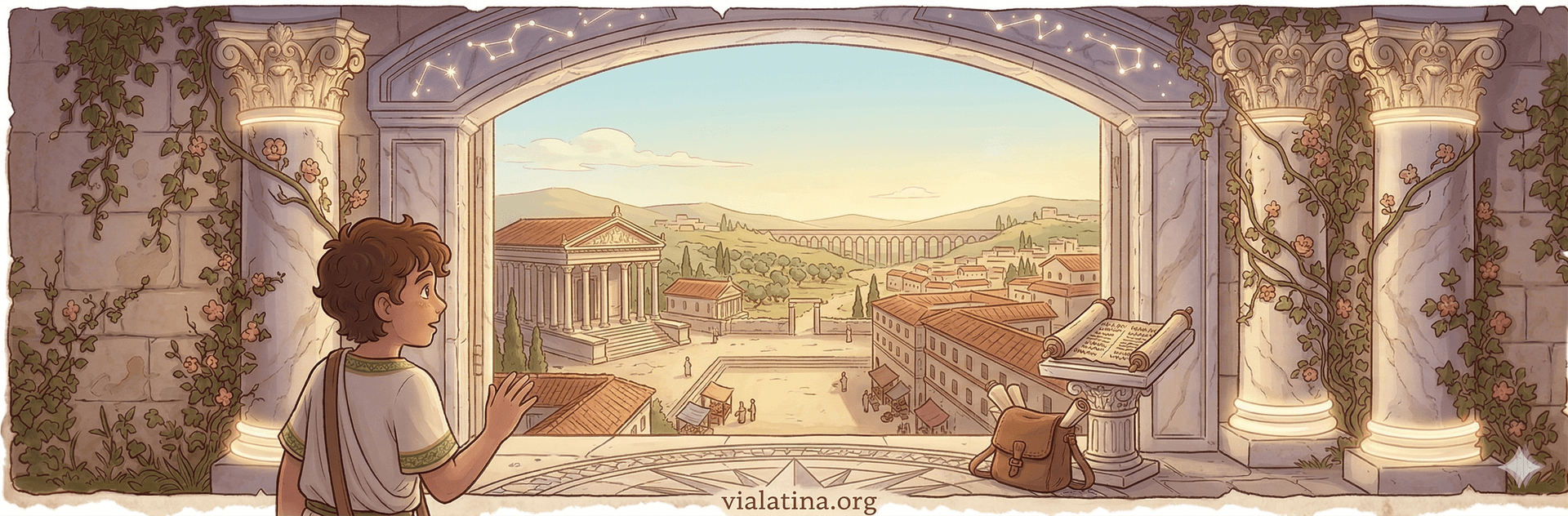 Golden doors opening into the Via Latina Kingdom — a golden path lined with Roman arches awaits