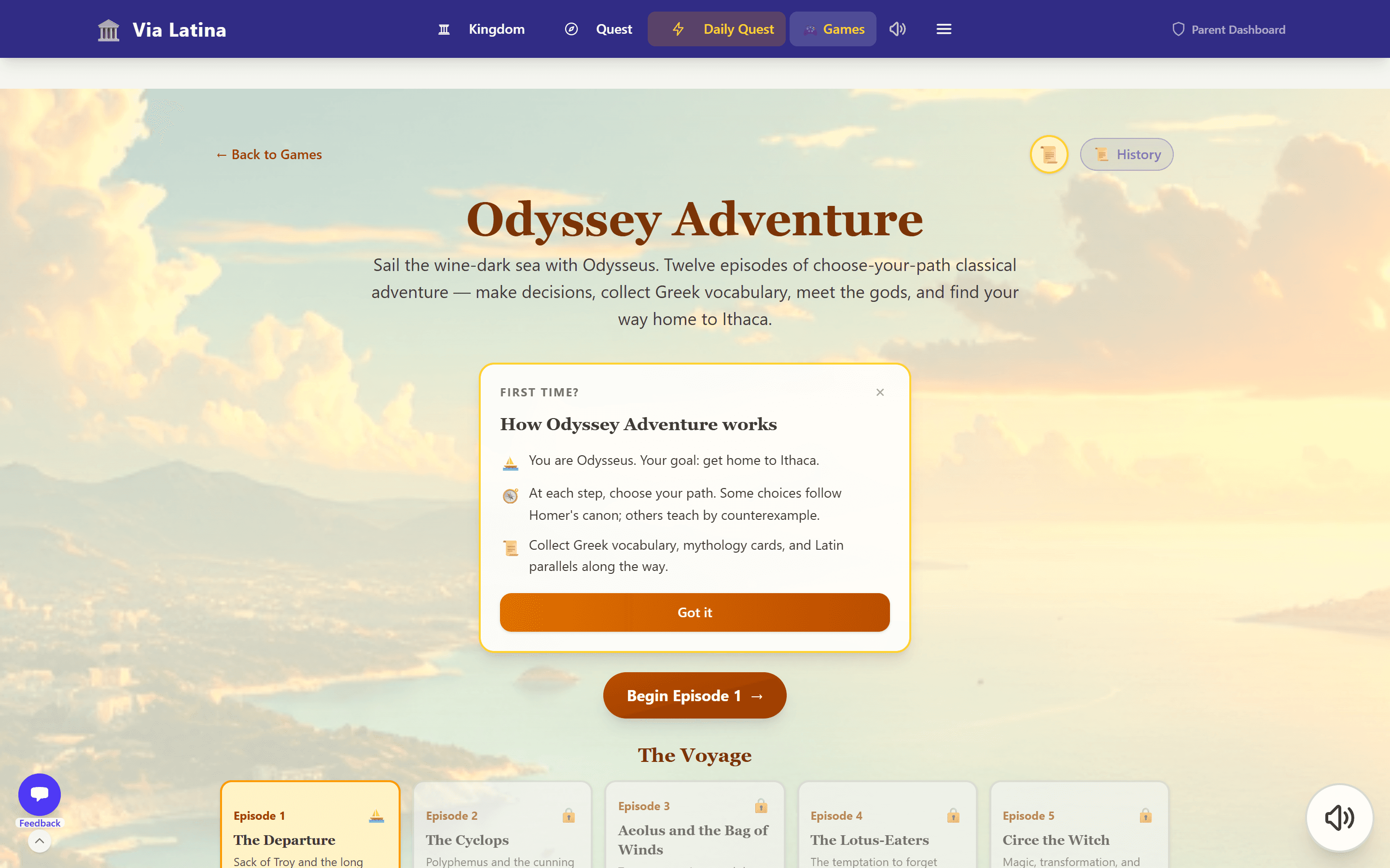 The Odyssey Adventure lobby โ twelve episodes ready to begin